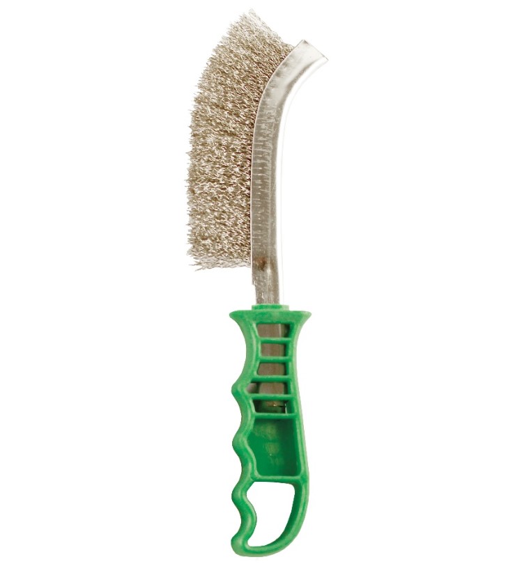 GENERAL PURPOSE STAINLESS STEEL SCRATCH BRUSH GREEN PLASTIC HANDLE ABRACS