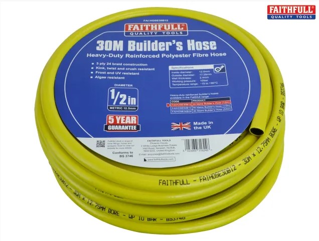 Heavy-Duty Reinforced Builder's Hose 30m 12.5mm (1/2in) Diameter