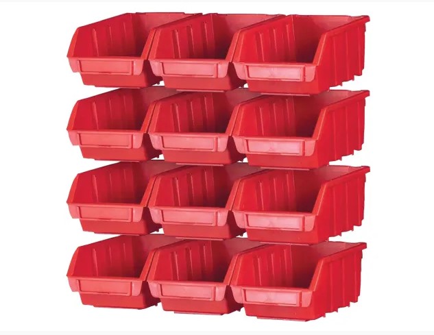 12 Plastic Storage Bins with Wall Mounting Rails