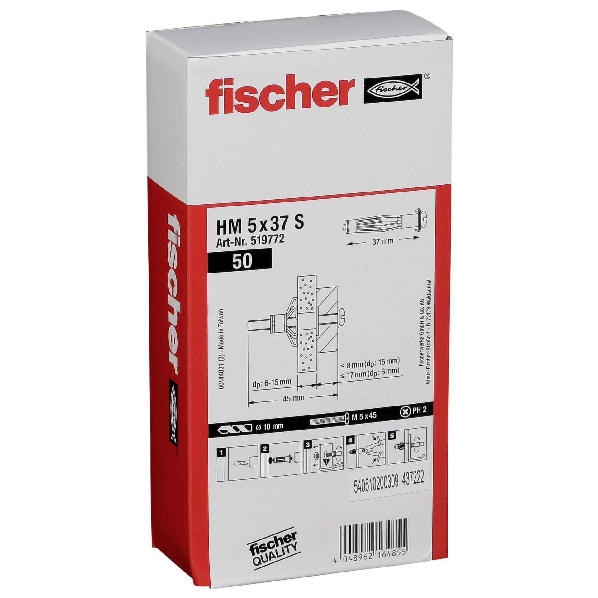 5 x 37mm HM METAL CAVITY FIXING BOX 50 FISCHER