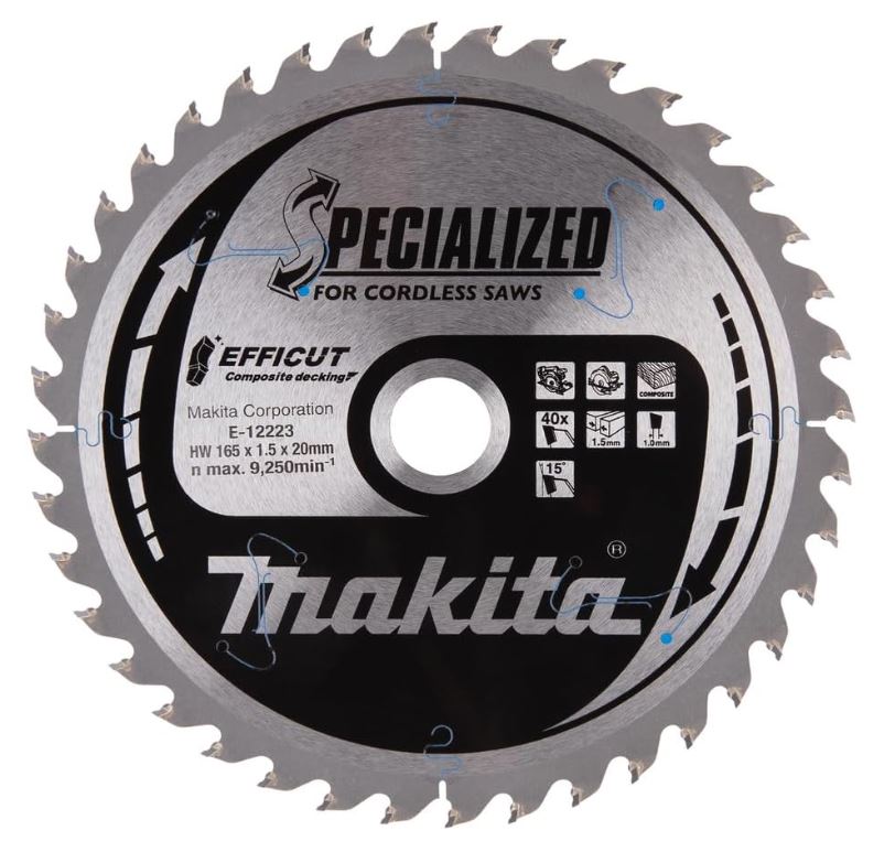 165mm x 40TH x 20mm BORE EFFICUT COMPOSITE DECKING TCT SAW BLADE MAKITA