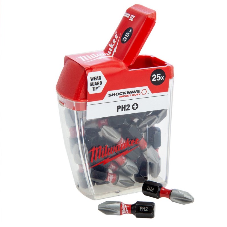 PH-2 x 25mm SCREWDRIVER SHOCKWAVE BITS 25-PCE MILWAUKEE