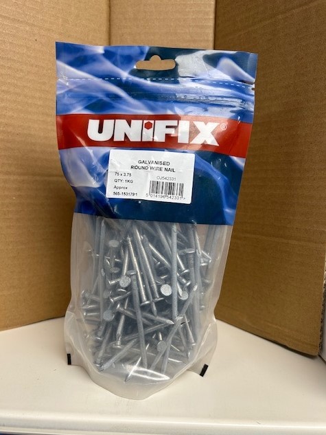 75mm x 3.75mm 1-KG ROUND WIRE NAILS GALVANISED (APPROX 154 NAILS PER KG)
