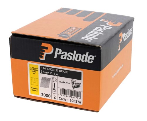 32mm 16-GAUGE BRAD NAILS ANGLED STAINLESS STEEL WITH GAS 2000-PK PASLODE