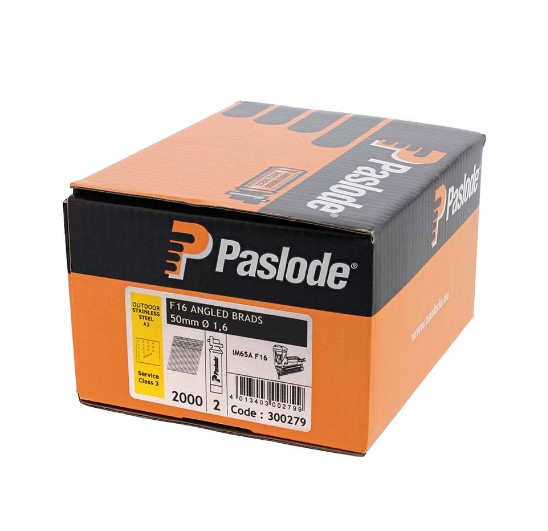 50mm 16-GAUGE BRAD NAILS ANGLED STAINLESS STEEL WITH GAS 2000-PK PASLODE