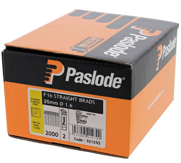 25mm 16-GAUGE BRAD NAILS STRAIGHT STAINLESS STEEL WITH GAS 2000-PK PASLODE