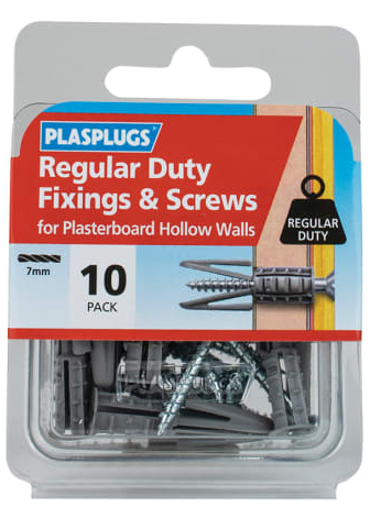 REGULAR DUTY PLASTERBOARD FIXINGS AND SCREWS 10-PK PLASPLUGS