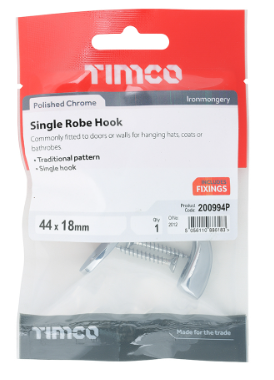 44mm (1 3/4") SINGLE ROBE HOOK POLISHED CHROME 1-PCE