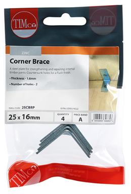 25mm x 25mm (1") x 16mm CORNER BRACE ZINC PLATED PACK-QTY-4