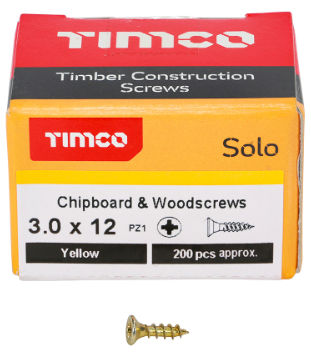 3.0 x 12mm Solo Chipboard & Woodscrews  Pozi Double Countersunk Yellow 200 Box Screws