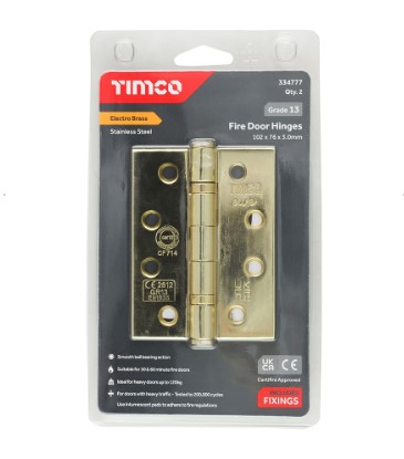 100mm x 75mm (4"x 3") BALL BEARING HINGE GRADE 13 ELECTRO BRASS ON S/STEEL PAIR-QTY