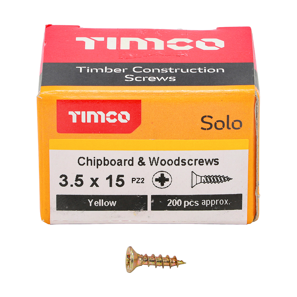 3.5 x 15mm Solo Chipboard & Woodscrews  Pozi Double Countersunk Yellow 200 Box Screws