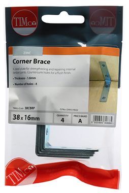 38mm x 38mm (1 1/2") x 16mm CORNER BRACE ZINC PLATED PACK-QTY-4