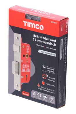 67mm (2 1/2") 5 LEVER MORTICE SASH LOCK SATIN STAINLESS STEEL BS3621