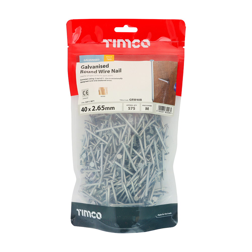 40mm x 2.65mm 1-KG ROUND WIRE NAILS GALVANISED (APPROX 575 NAILS PER KG) TIMCO