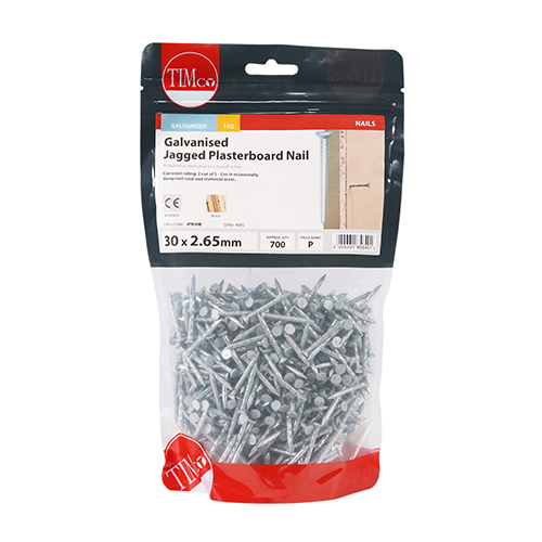 30mm x 2.65mm 1KG JAGGED PLASTERBOARD NAIL GALVANISED (APPROX 700 NAILS PER KG) TIMCO