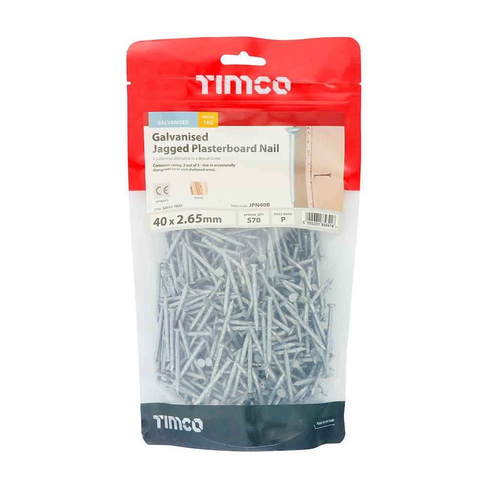 40mm x 2.65mm 1KG JAGGED PLASTERBOARD NAIL GALVANISED (APPROX 570NAILS PER KG) TIMCO