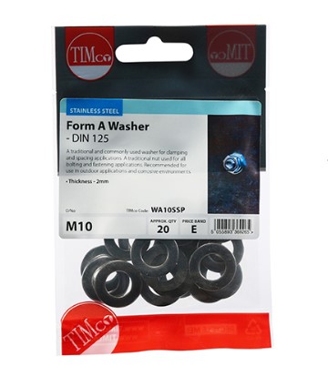 M10 FORM A WASHER A2 STAINLESS STEEL 20-PK