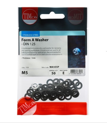 M5 FORM A WASHER A2 STAINLESS STEEL 50-PK