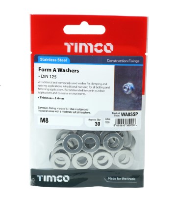 M8 FORM A WASHER A2 STAINLESS STEEL 30-PK