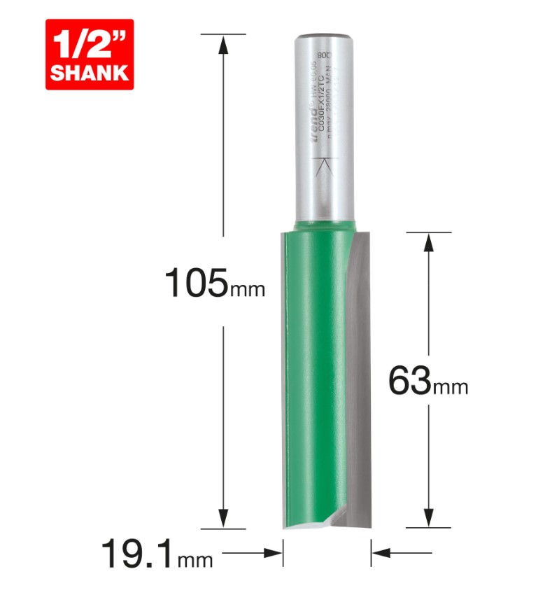 19.1mm DIA x 63.0mm CUT x 1/2" SHANK TWO FLUTE CUTTER TREND