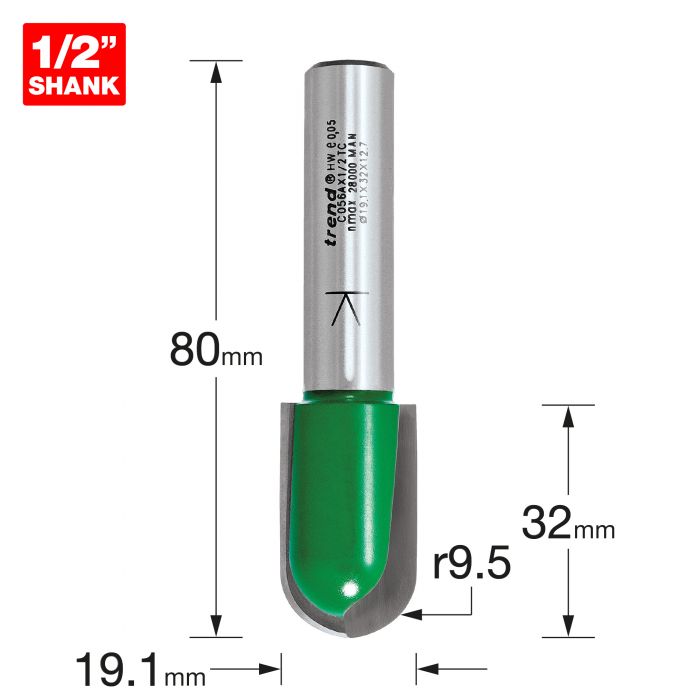 9.5mm RAD x 32mm CUT x 1/2" SHANK RADIUS DRAINING CUTTER TREND
