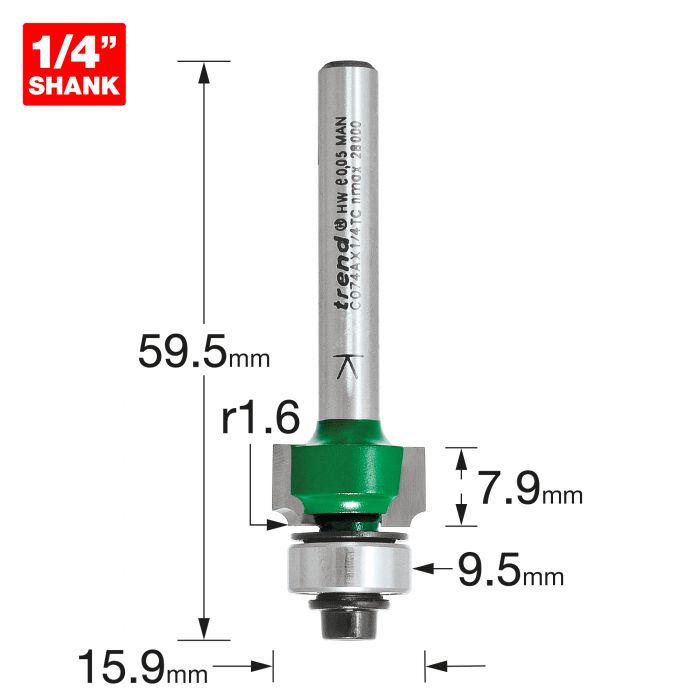 1.6mm R. x 15.9mm D. x 7.9mm C. 1/4" SHANK BEARING GUIDED ROUND OVER CUTTER TREND