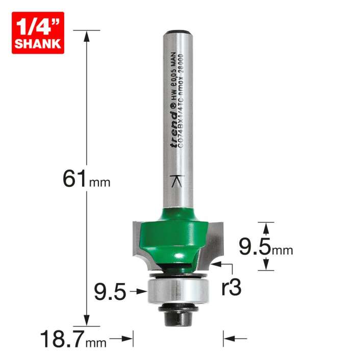 3.0mm R. x 18.7mm D. x 9.5mm C. 1/4" SHANK BEARING GUIDED ROUND OVER CUTTER TREND