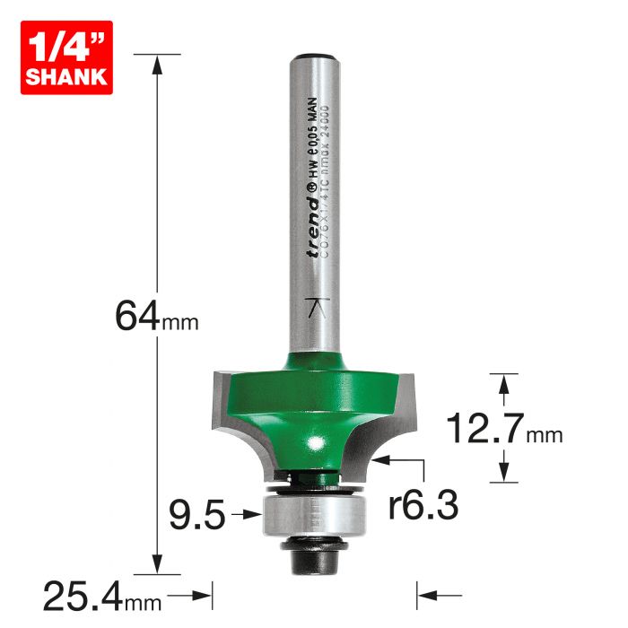 6.3mm R. x 25.4mm D. x12.7mm C. 1/4" SHANK BEARING GUIDED ROUND OVER CUTTER TREND