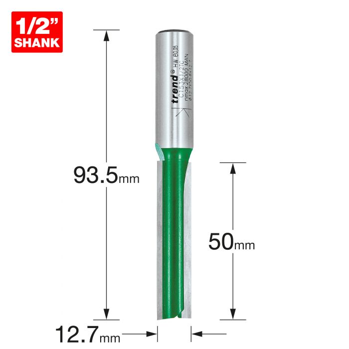 12.7mm DIA x 50mm CUT x 1/2" SHANK TWO FLUTE CUTTER TREND