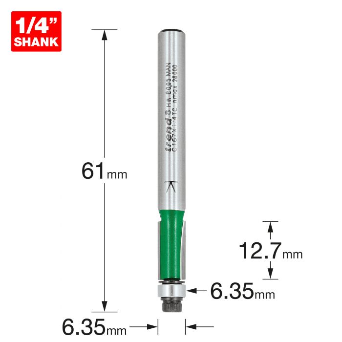 6.35mm DIA x 12.7mm CUT x 1/4" SHANK BEARING GIUDED FLUSH TRIMMING CUTTER TREND