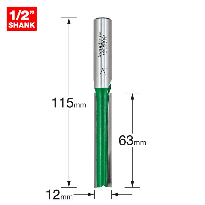 12.0mm DIA x 63mm CUT x 1/2" SHANK TWO FLUTE CUTTER TREND
