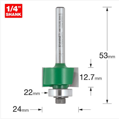 24mm DIA x 12.7mm CUT x 1/4" SHANK BEARING GUIDED REBATER CUTTER