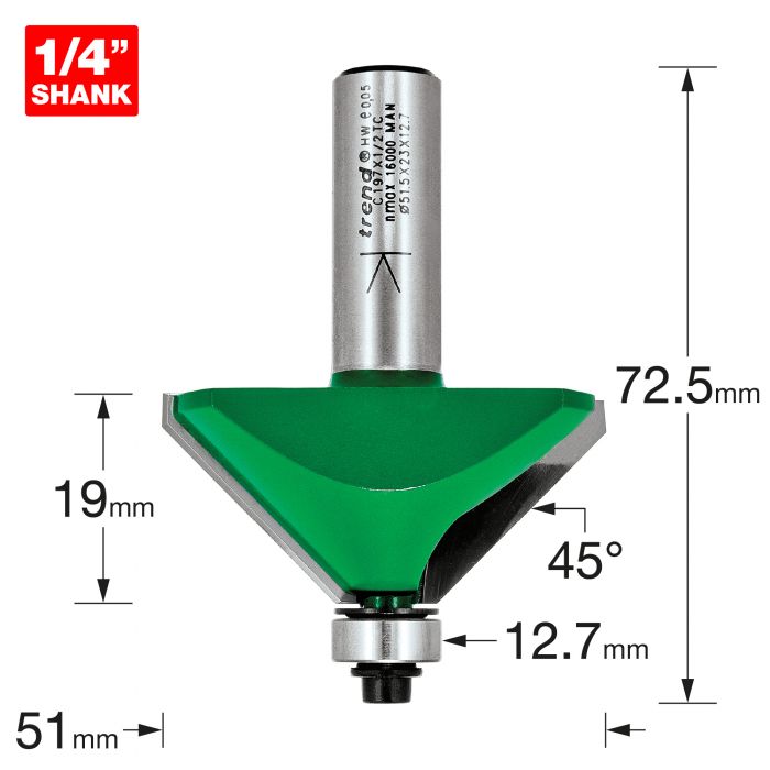 51mm DIA x 19mm CUT x 1/2" SHANK 45 DEG. BEARING GUIDED CHAMFER CUTTER