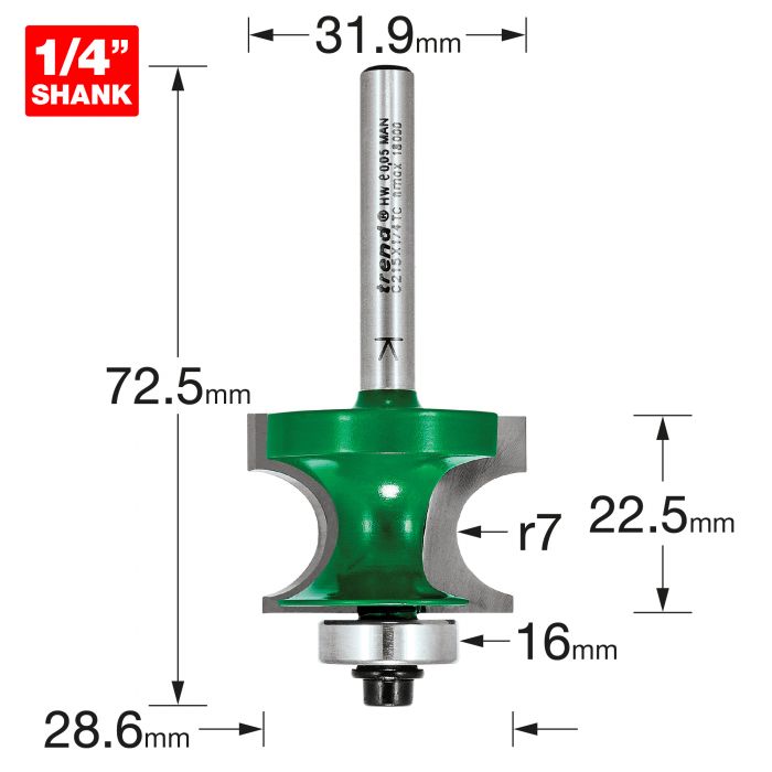 28.6mm DIA x 22.5mm CUT x 7mm RAD x 1/4" SHANK BEARING GUIDED CORNER BEAD