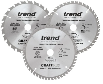 165mm x 20mm BORE TCT SAW BLADE MIXED 24TH x 1 40TH x 1 52TH x 1 PACK-QTY-3 TREND