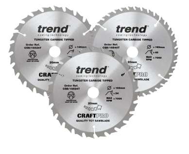 165mm x 20mm BORE TCT SAW BLADE MIXED 24TH x 2 40TH x 1 PACK-QTY-3 TREND
