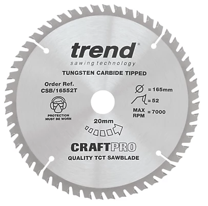 165mm x 52TH x 20mm BORE TCT SAW BLADE THIN TREND