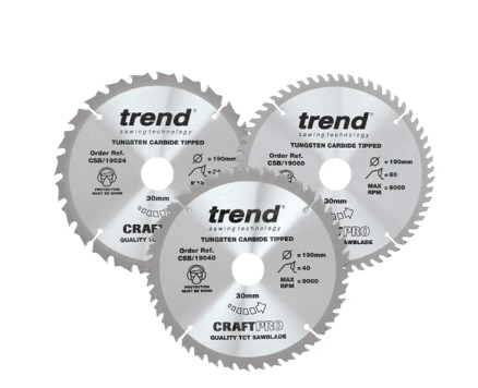 190mm x 30mm BORE TCT SAW BLADE MIXED 24TH x 1 40TH x 1 60TH x 1 PACK-QTY-3 TREND