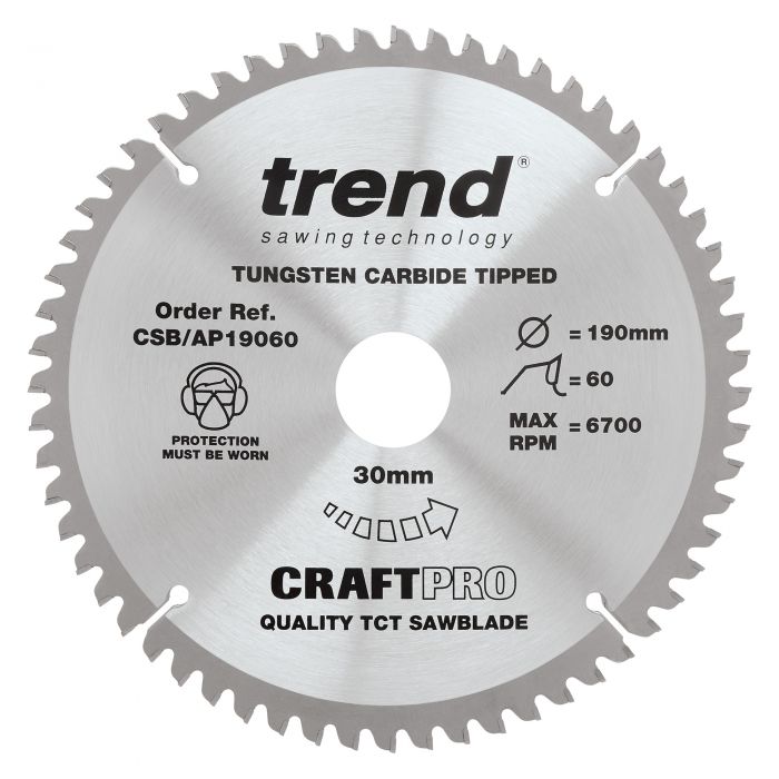 190mm x 60TH x 30mm  BORE TCT SAW BLADE ALUMINIUM & PLASTIC TREND