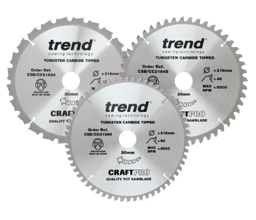 216mm x 16mm BORE TCT SAW BLADE MIXED 24TH x 1 48TH x 1 60TH x 1 PACK-QTY-3 TREND
