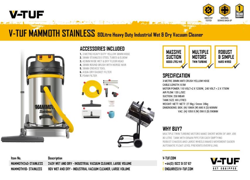 MAMMOTH STAINLESS WET AND DRY VACUUM INDUSTRIAL CLEANER TWIN MOTOR 80L 3.5kW 240V